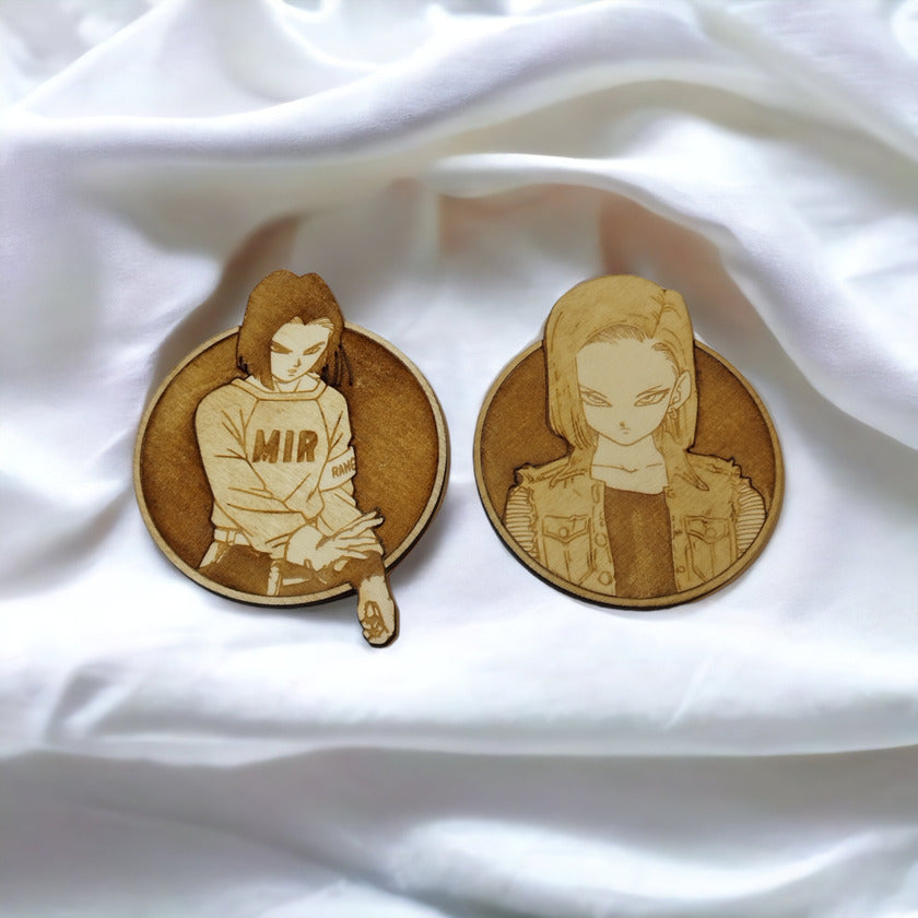 Anime-Themed Wooden Coasters - Dragon Ball Design featuring Android 17 and Android 18