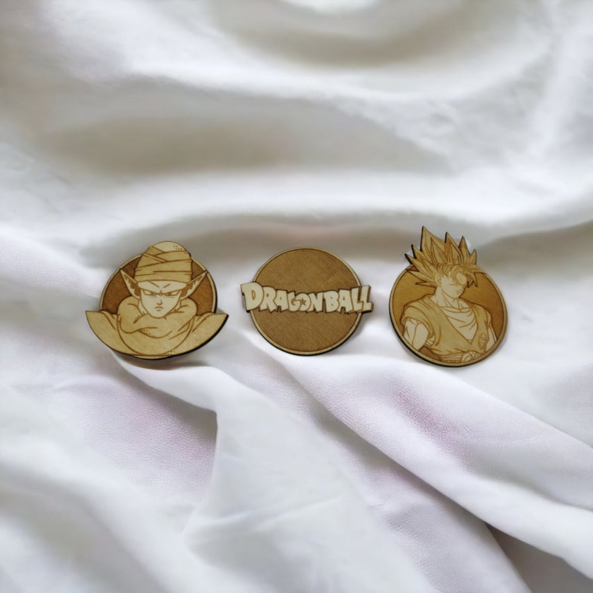 Customizable Dragon Ball Wooden Coasters featuring Piccolo, Goku, and logo designs