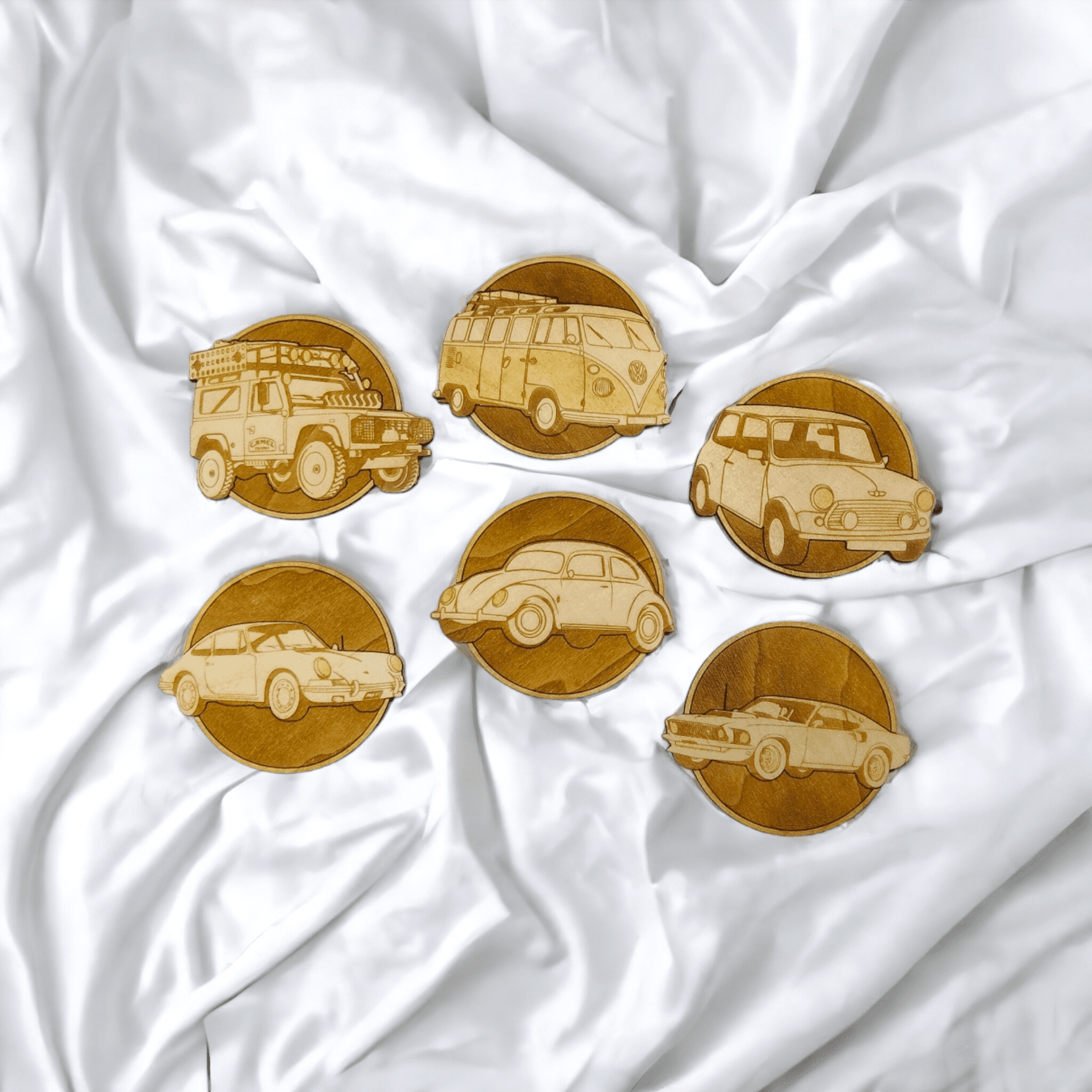 Set of 6 Classic Cars Wooden Coasters - Handmade Gift - Housewarming - Wood Kitchenware-0