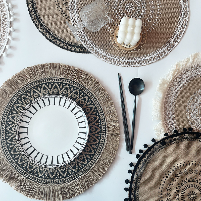 Round Boho Placemats - Vintage Farmhouse - Jute Cotton Hemp