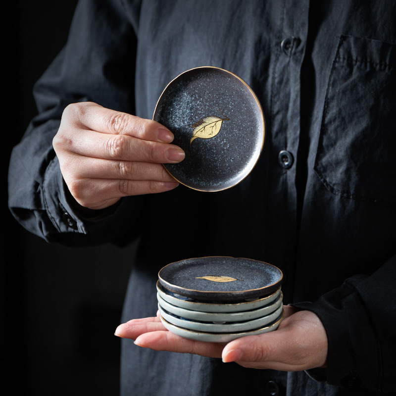 Japanese Ceramic Coasters - Square Round Gold - Tea Ceremony