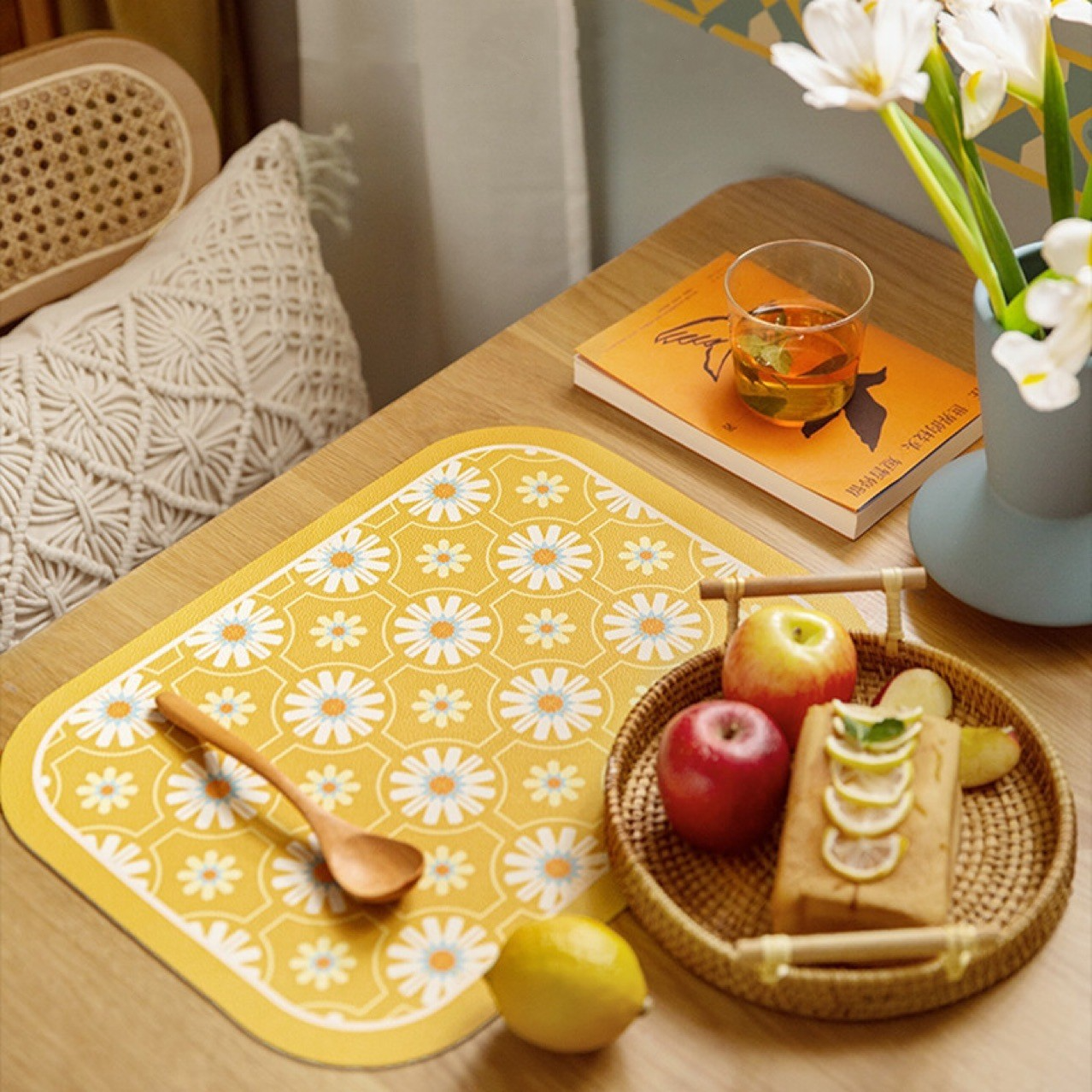 Bright and Waterproof Yellow Leather Placemats for Kids