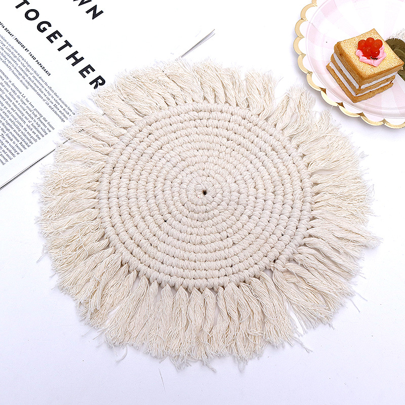 Round Boho Placemats - Thick Cotton Mats in Brown & White