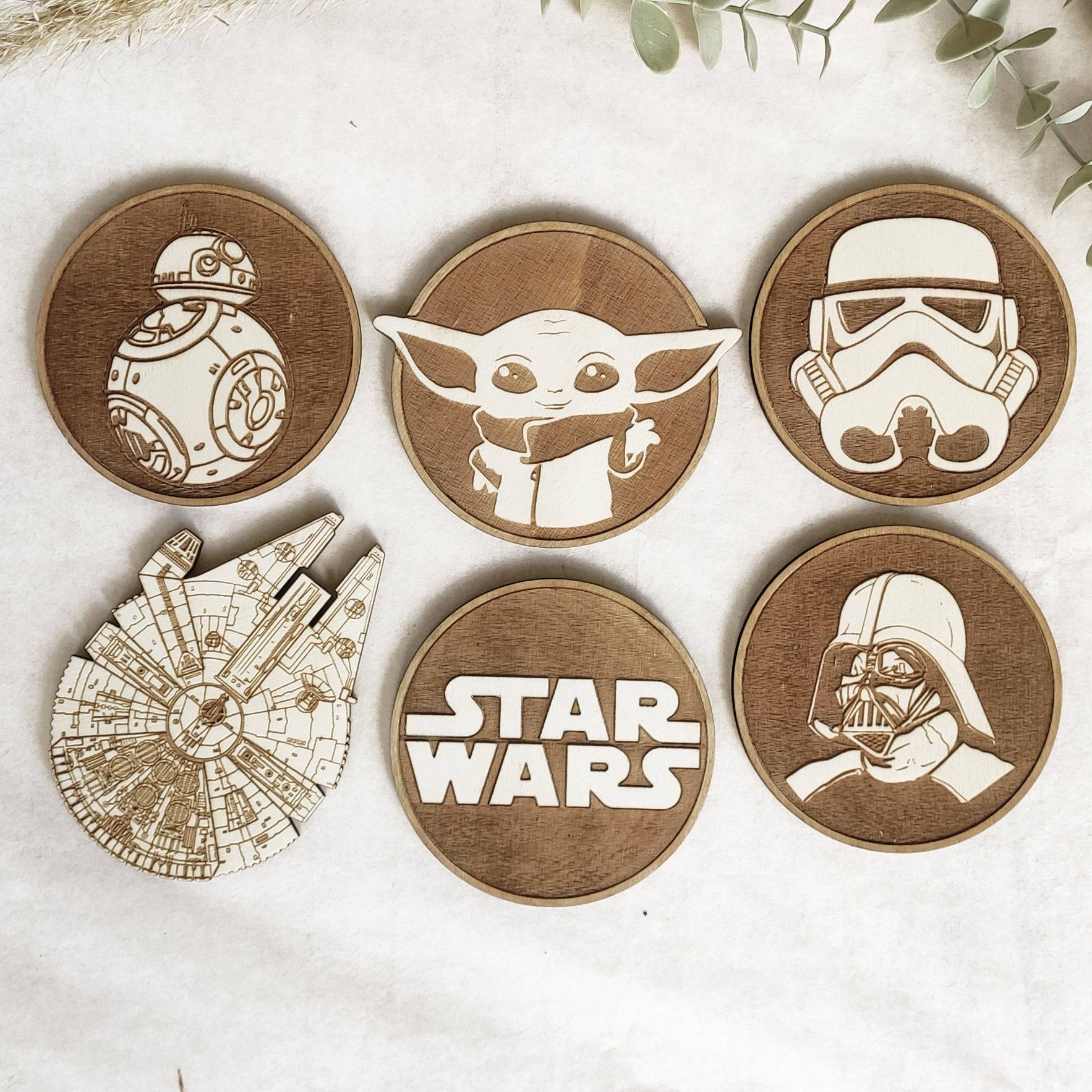 Set of 6 Star Wars Wooden Coasters - Handmade Gift - Housewarming - Wood Kitchenware - Baby Yoda - The Mandalorian-0