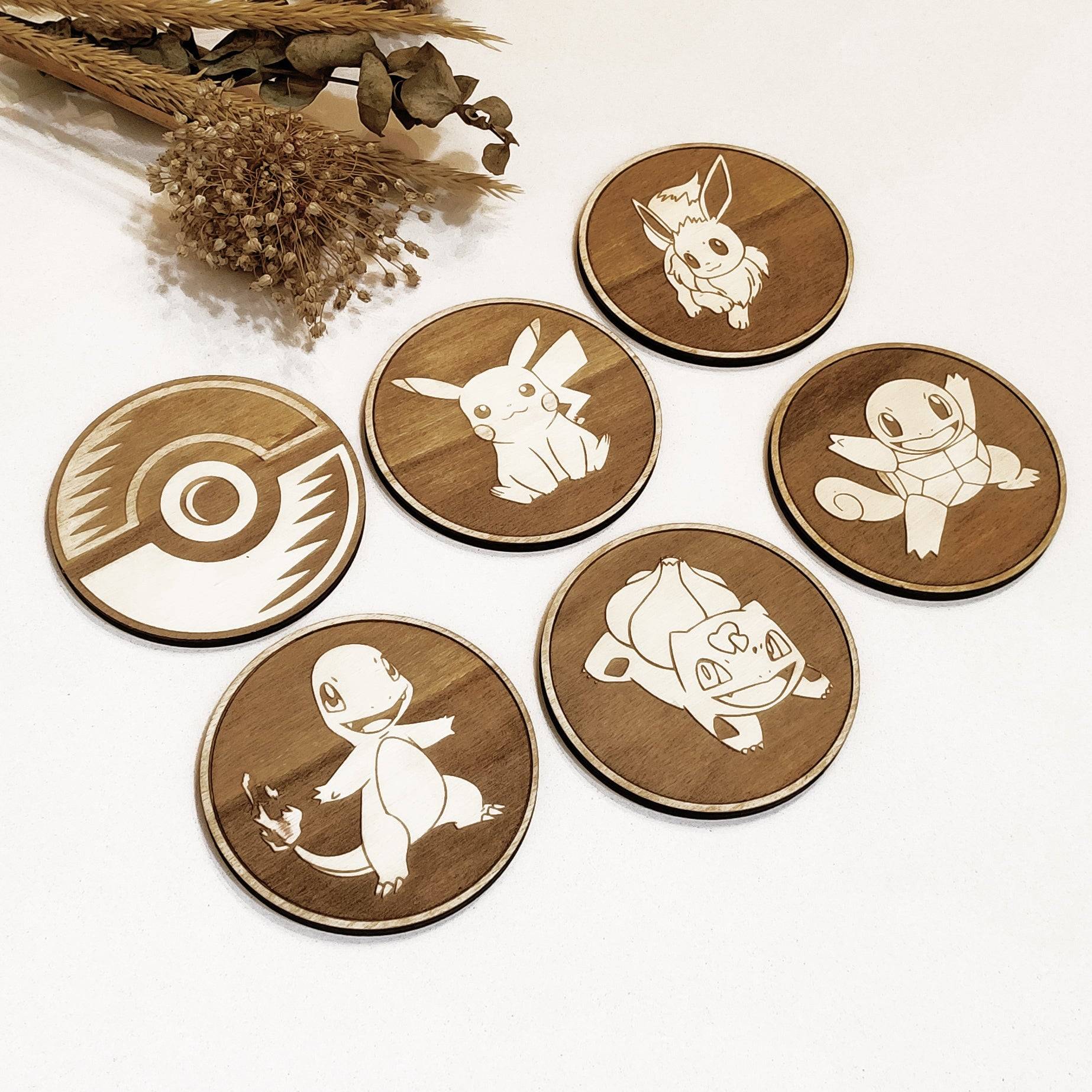 Personalized Pokemon Wooden Coasters - Laser Engraved Custom