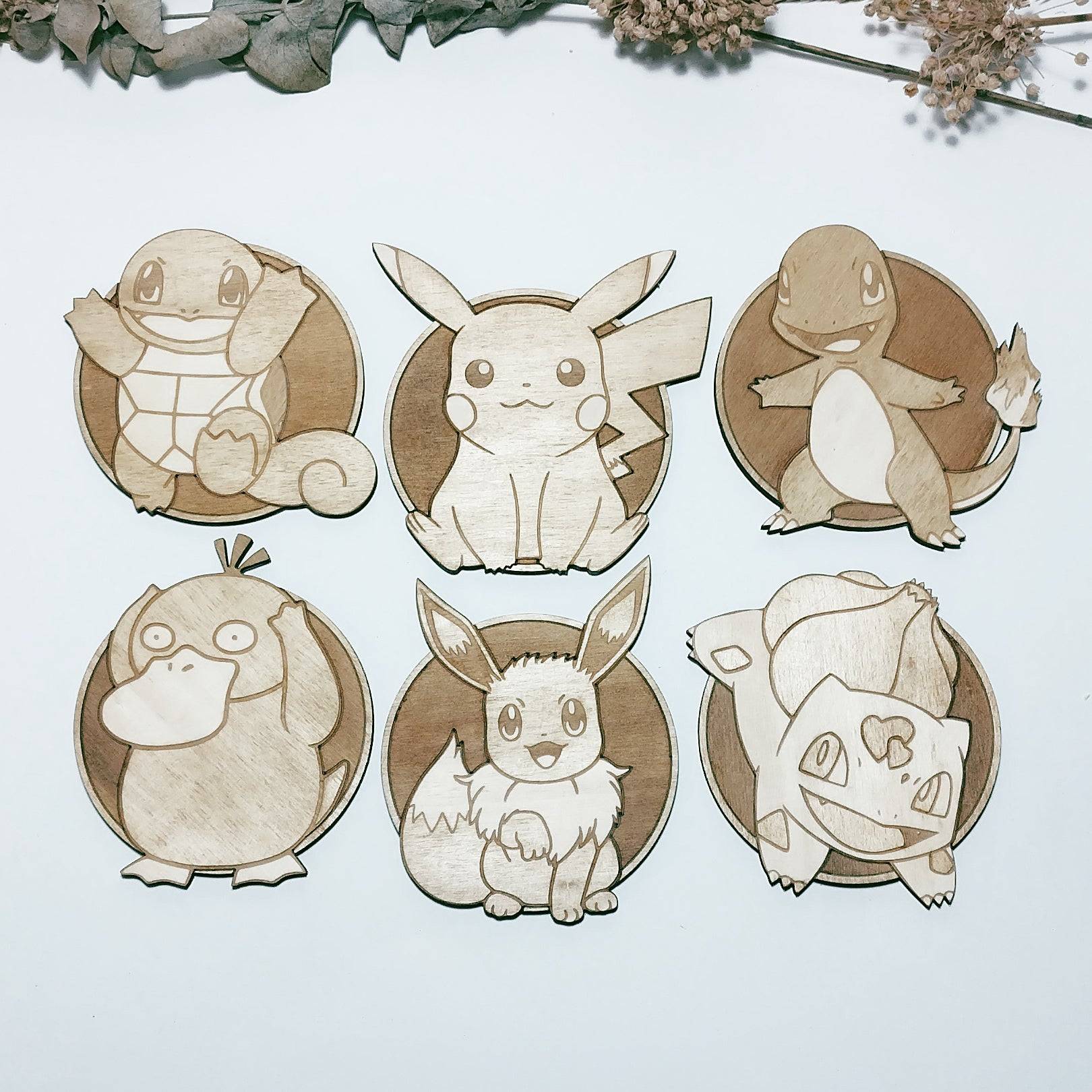 Handcrafted Pokemon Wooden Coasters - Set of 6 - Unique Housewarming Gift