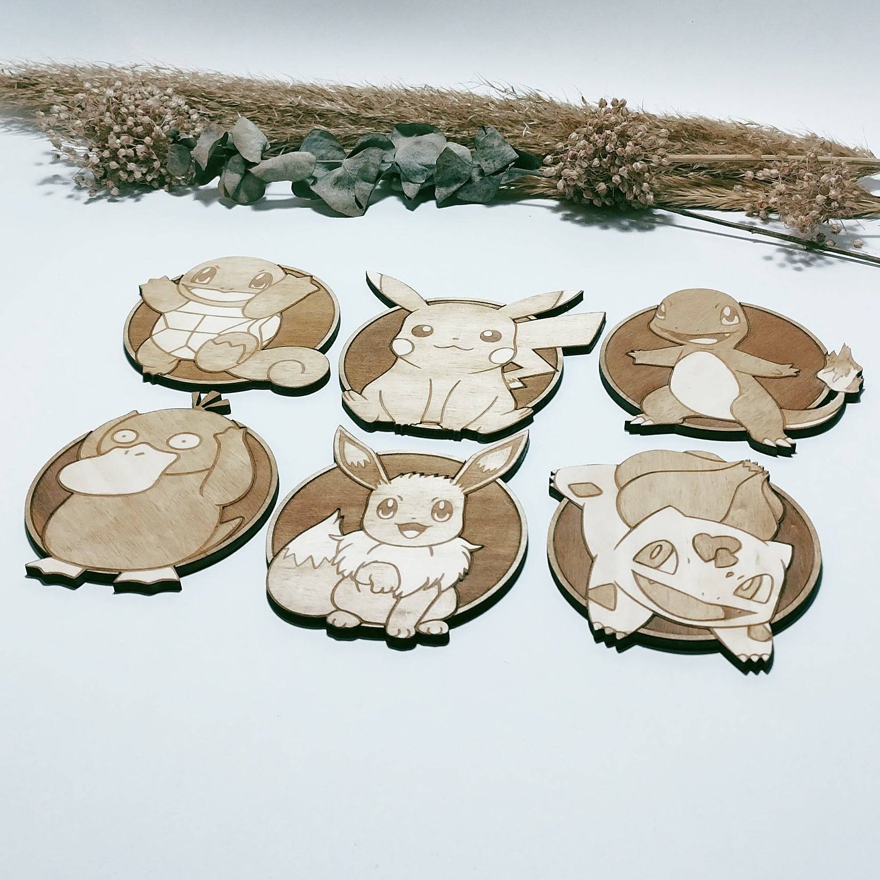 Pokemon Inspired Wooden Coasters - Set of 6 - Handmade Kitchenware