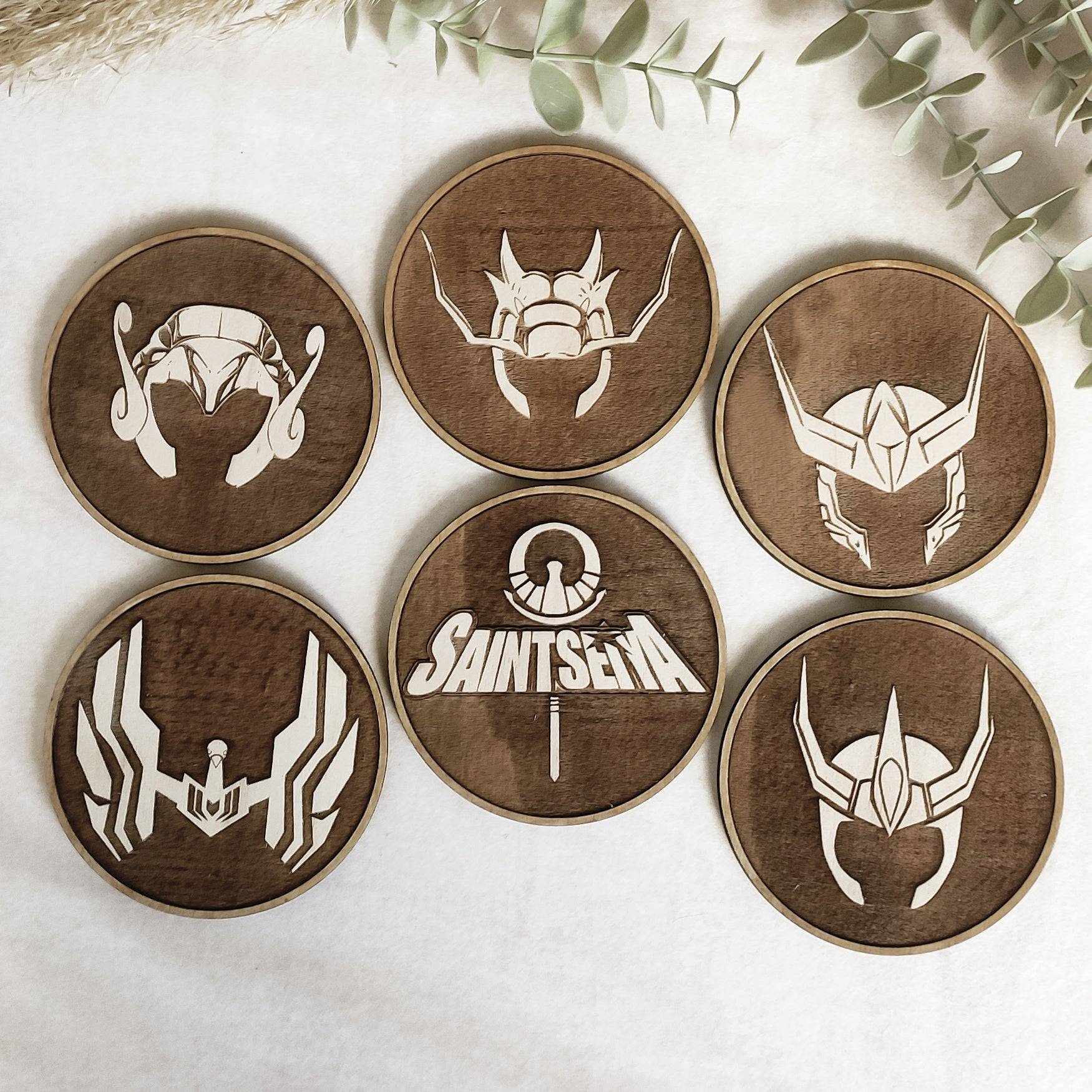 Set of 6 Saint Seiya Wooden Coasters - Handmade Gift - Housewarming - Wood Kitchenware-0