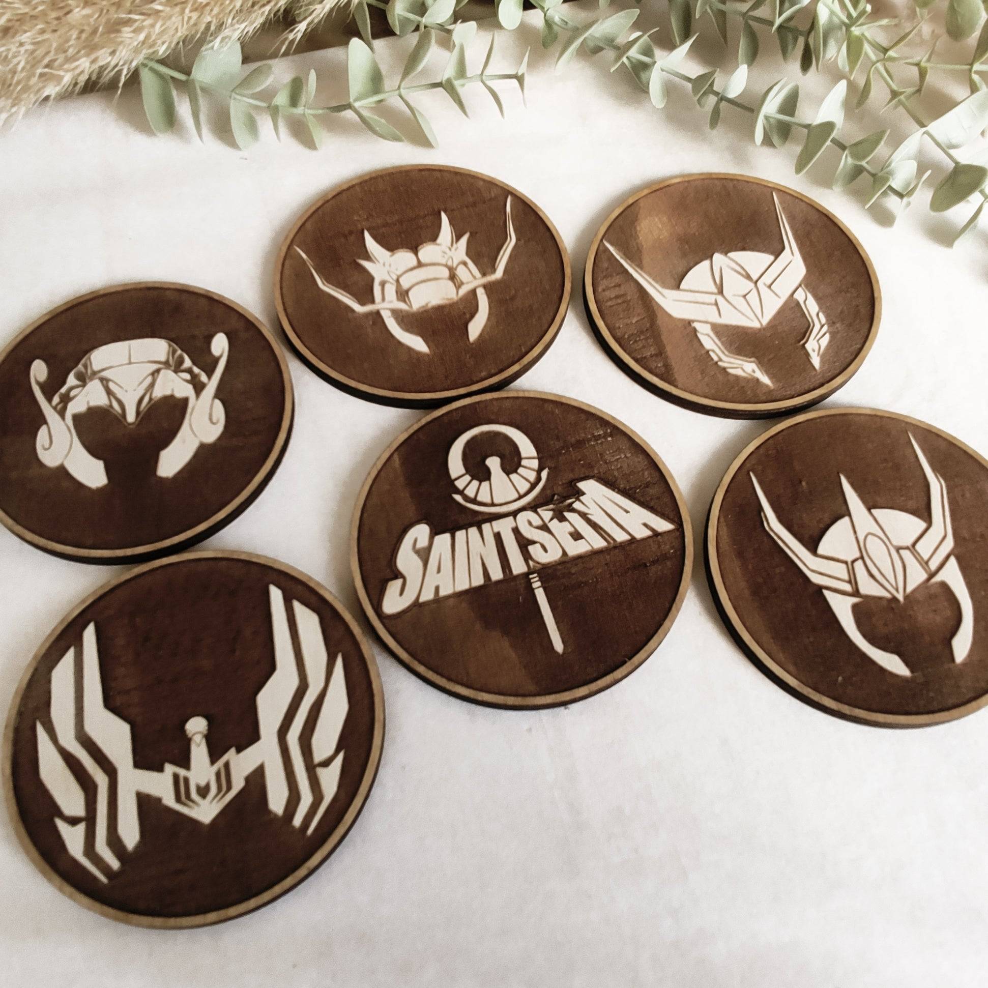 Set of 6 Saint Seiya Wooden Coasters - Handmade Gift - Housewarming - Wood Kitchenware-1