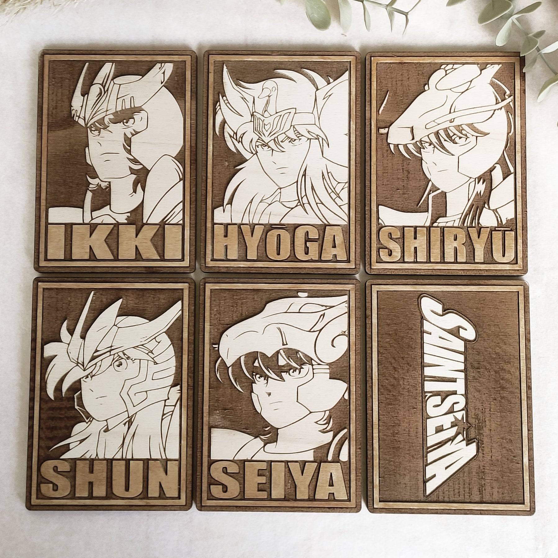 Set of 6 Saint Seiya Cards Wooden Coasters - Handmade Gift - Housewarming - Wood Kitchenware-0