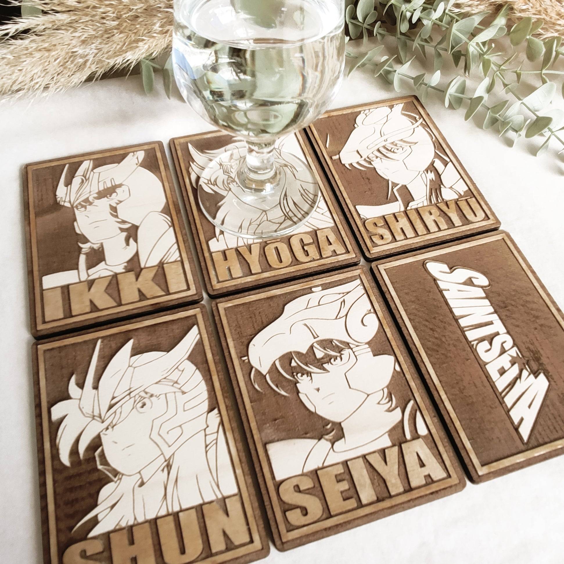 Set of 6 Saint Seiya Cards Wooden Coasters - Handmade Gift - Housewarming - Wood Kitchenware-1