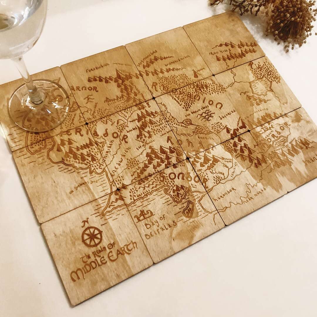 Handmade Wooden Coasters Featuring Middle Earth Map from Lord of the Rings