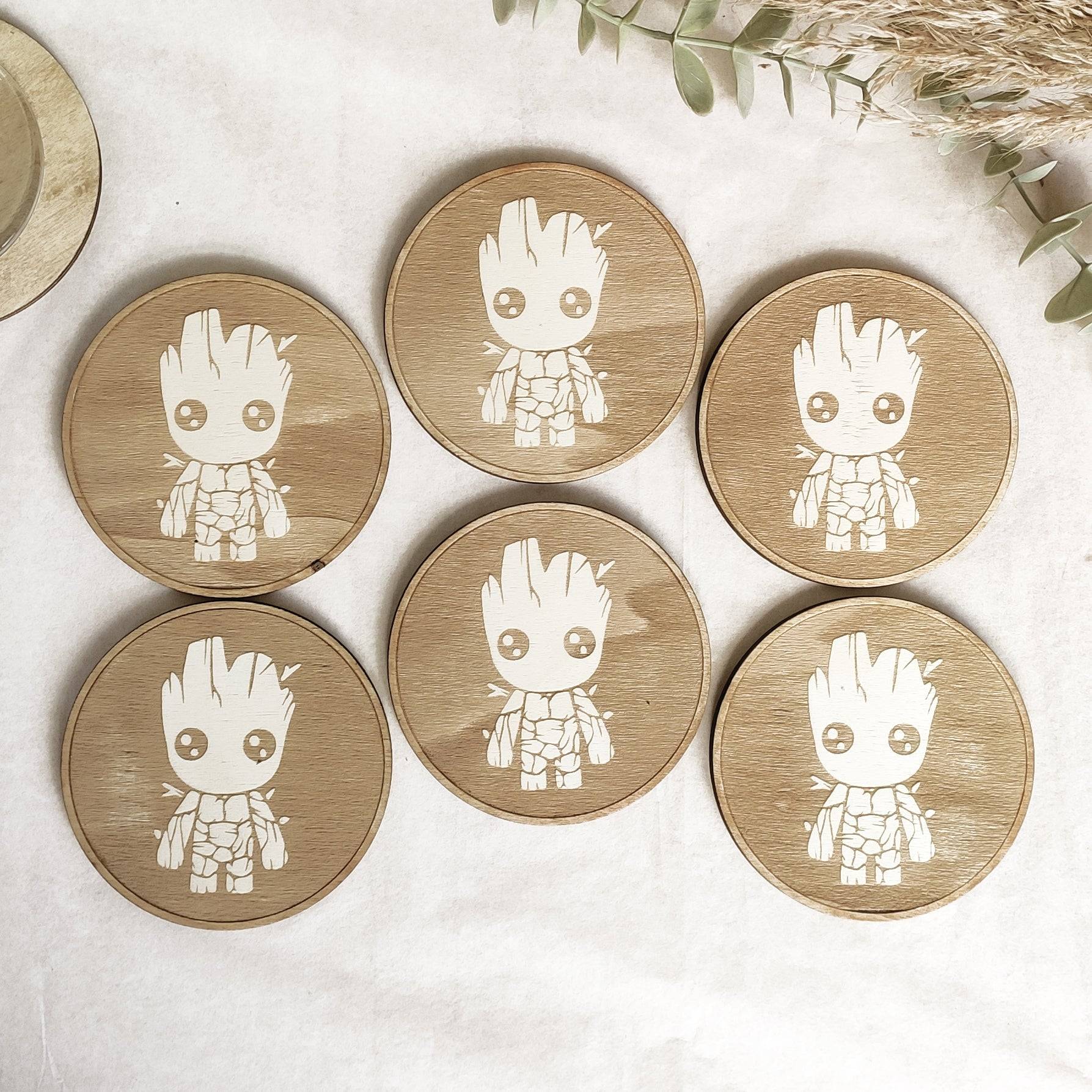 Set of 6 Baby Groot Wooden Coasters - Handmade Gift - Housewarming - Wood Kitchenware - Guardians of The Galaxy-0