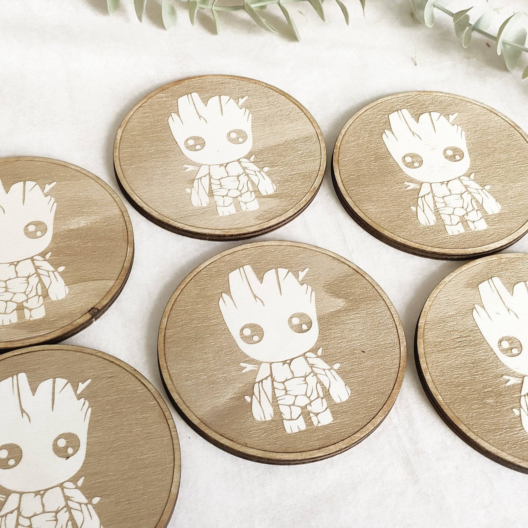 Set of 6 Baby Groot Wooden Coasters - Handmade Gift - Housewarming - Wood Kitchenware - Guardians of The Galaxy-1