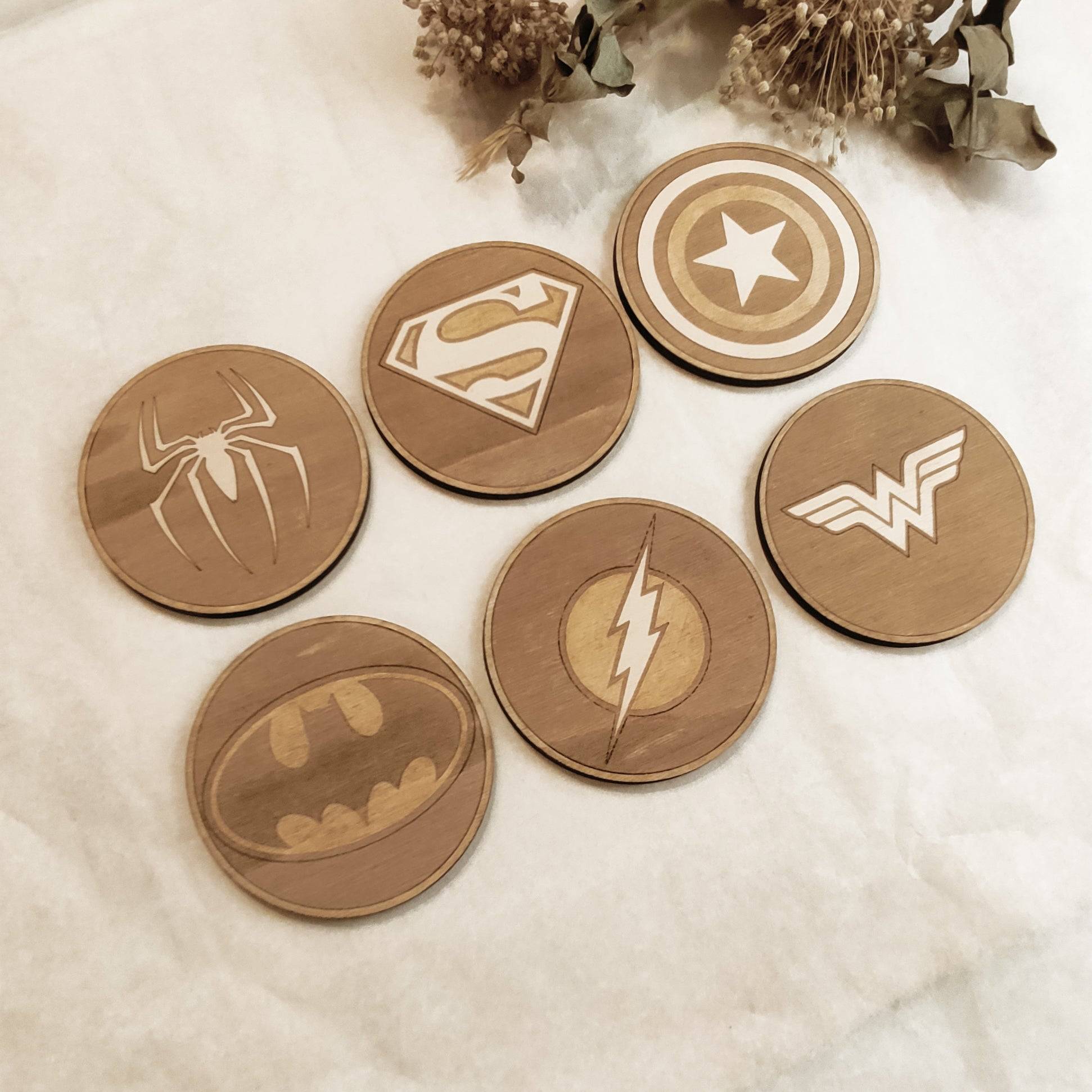 Set of 6 Superheroes Wooden Coasters - Handmade Gift - Housewarming - Wood Kitchenware-1