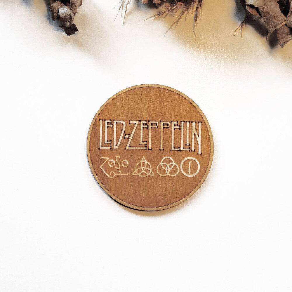 wooden coasters featuring Led Zeppelin rock band designs, perfect for housewarming or kitchenware gifts