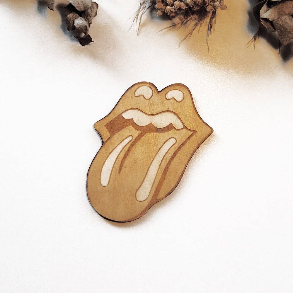 Handmade wooden coaster featuring Rolling Stones logo and design