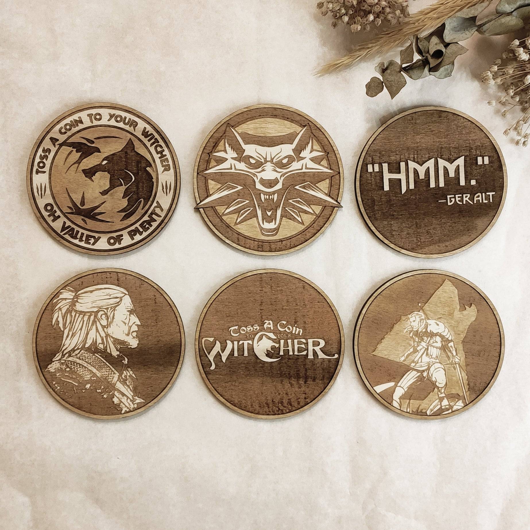 Set of 6 The Witcher Wooden Coasters - Handmade Gift - Housewarming - Wood Kitchenware-0