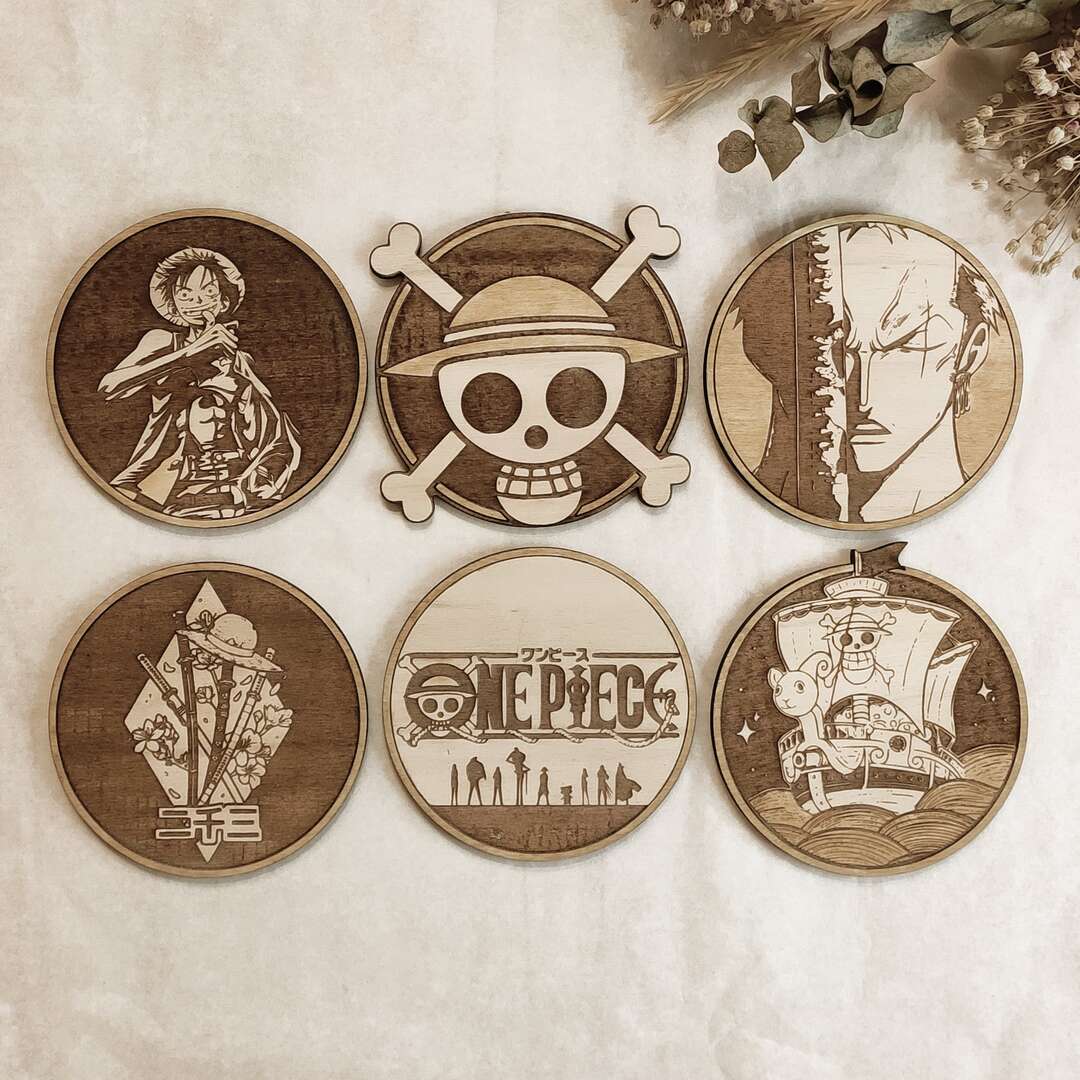 One Piece Wooden Coasters - Luffy, Zoro, Thousand Sunny - Handcrafted Eco-Friendly Home Decor