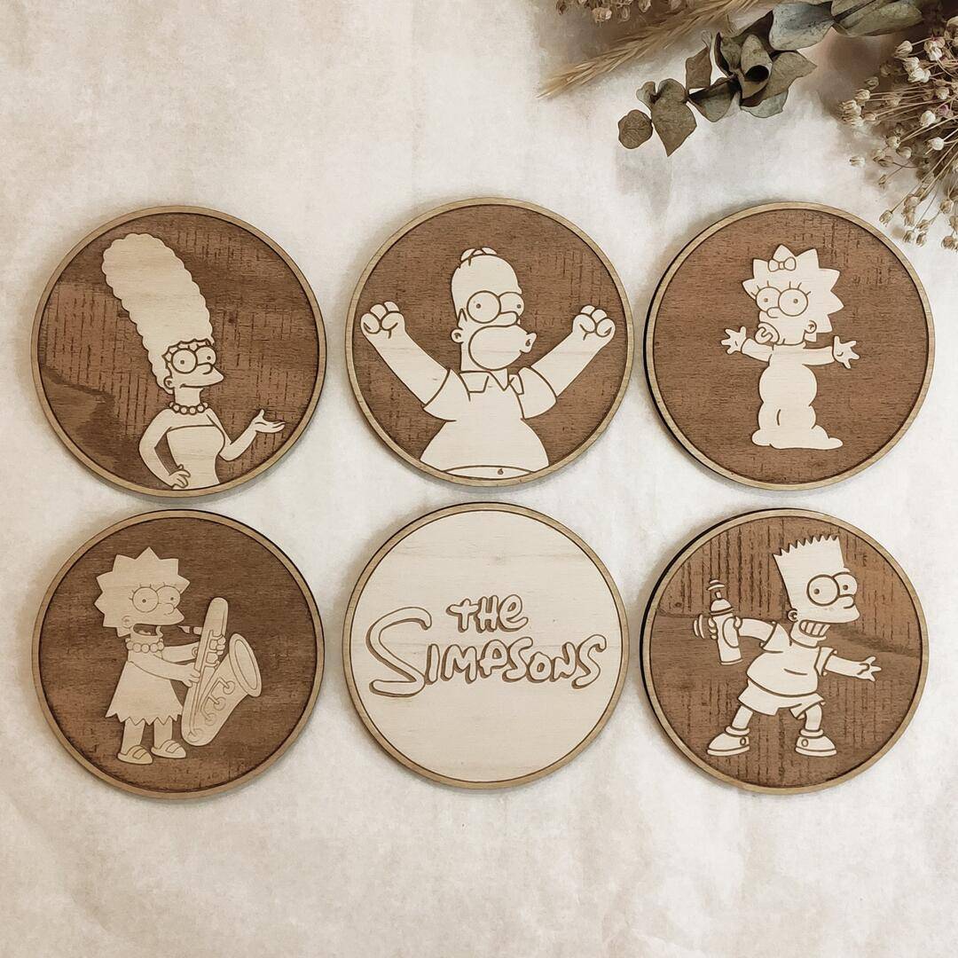 Set of 6 The Simpsons Wooden Coasters - Handmade Gift - Housewarming - Wood Kitchenware