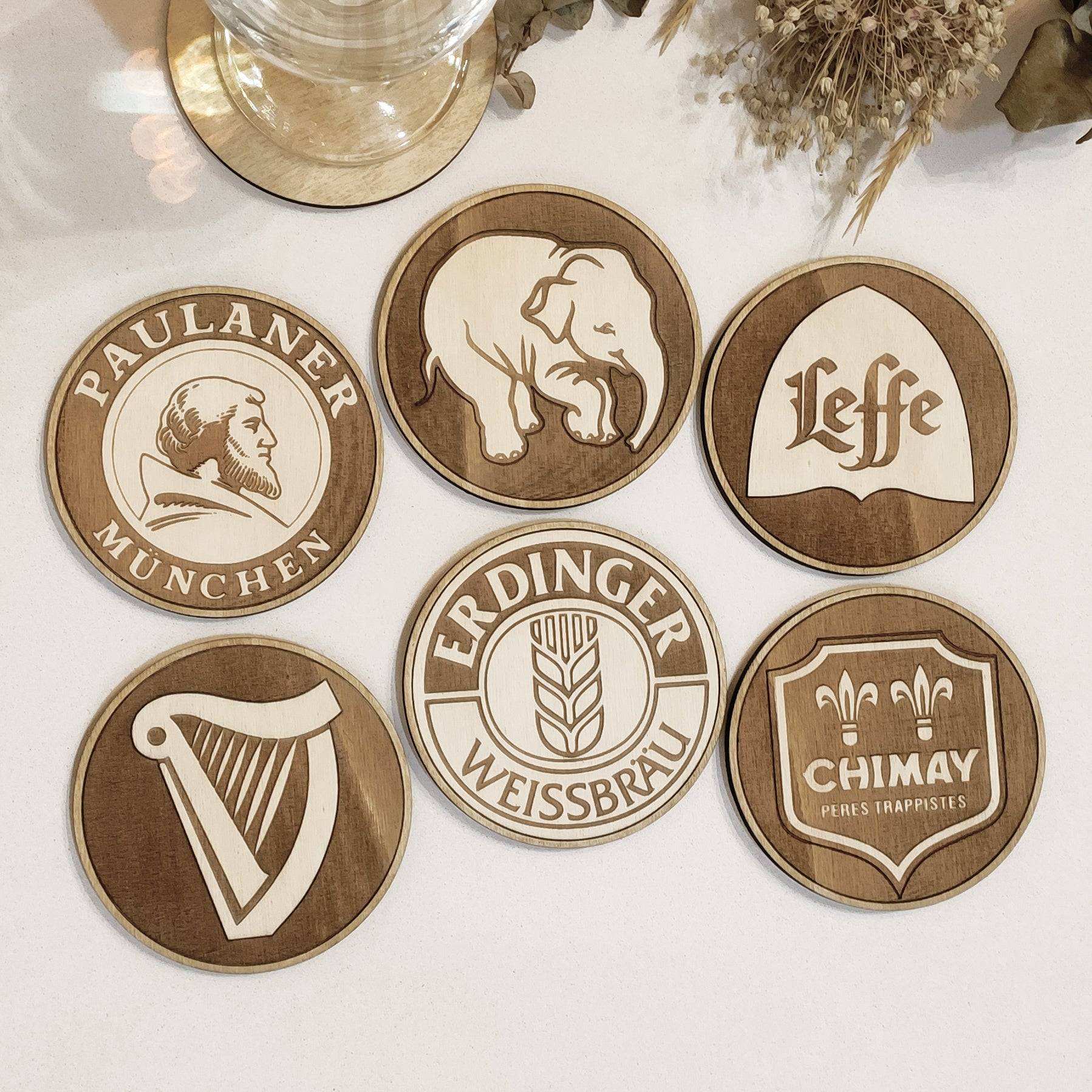 Set of 6 Beers Wooden Coasters - Handmade Gift - Housewarming - Wood Kitchenware