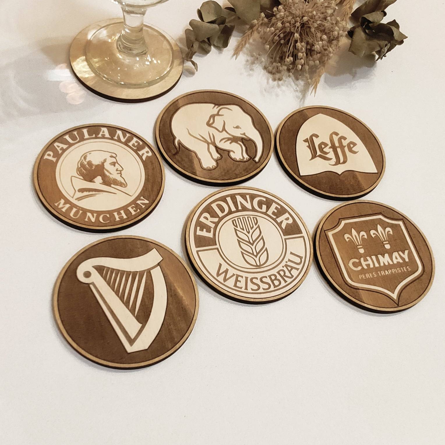 Set of 6 handmade wooden coasters for beer enthusiasts