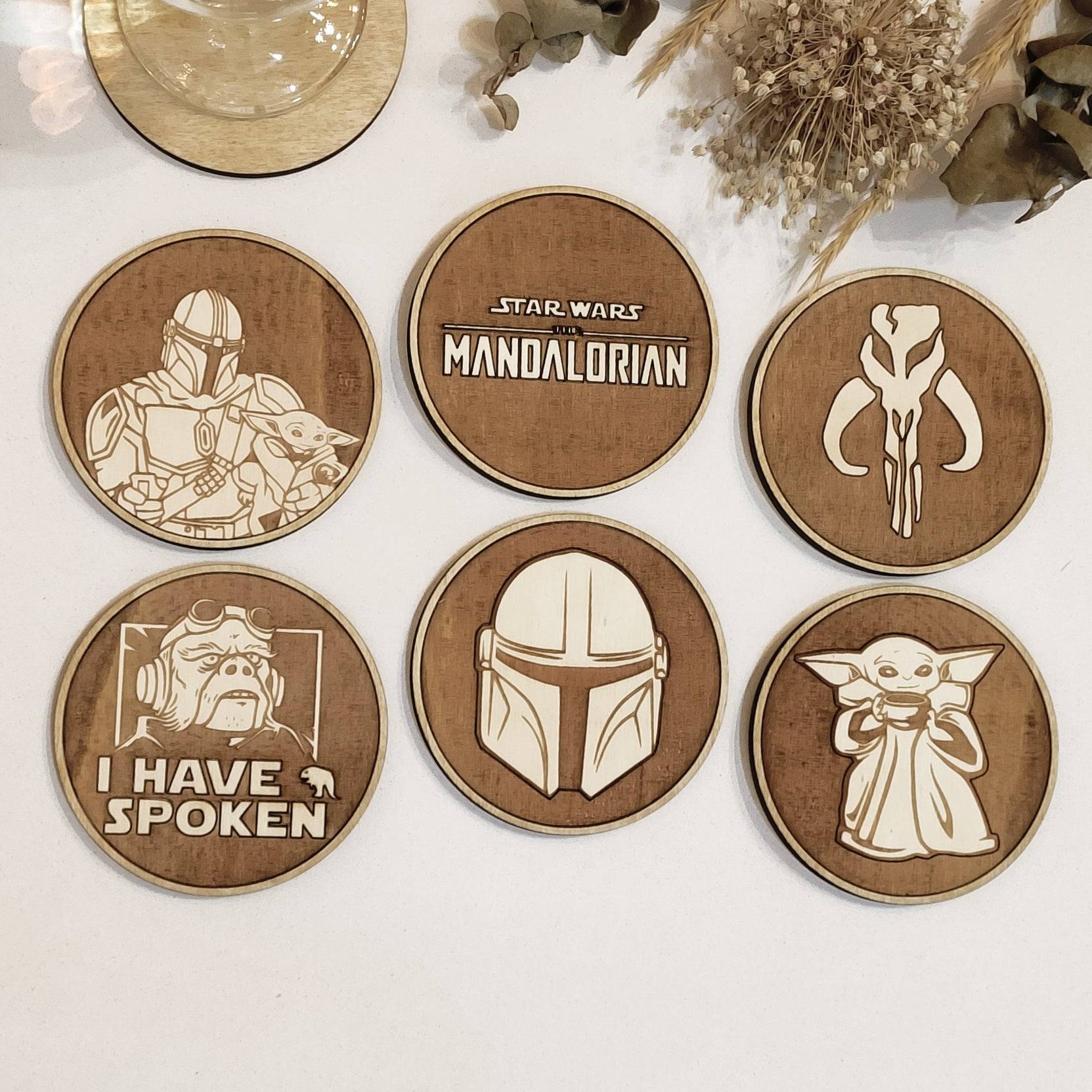 Set of 6 The Mandalorian Wooden Coasters - Handmade Gift - Housewarming - Wood Kitchenware-0