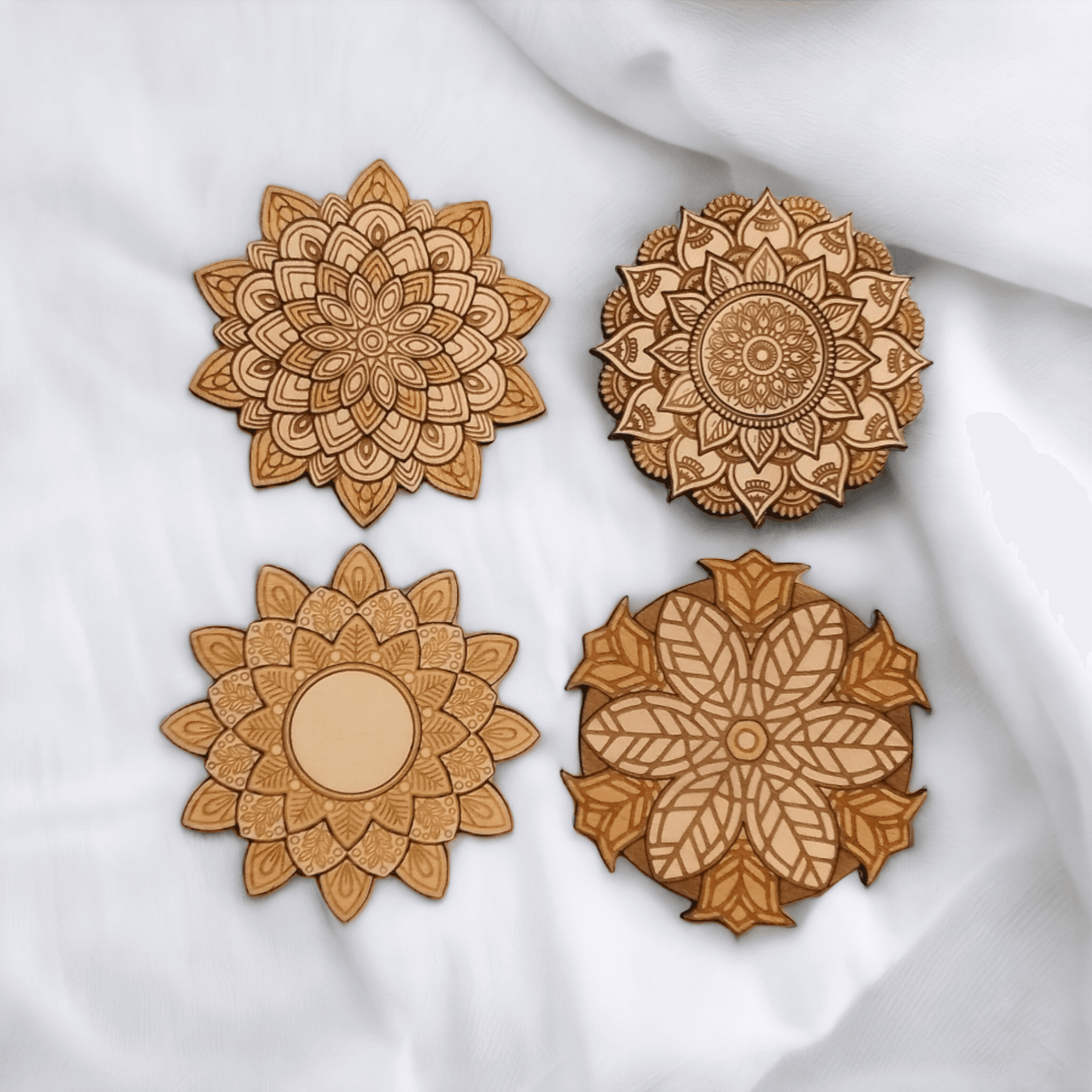 Set of 4 Mandala Wooden Coasters - Handmade Gift - Housewarming - Wood Kitchenware-0