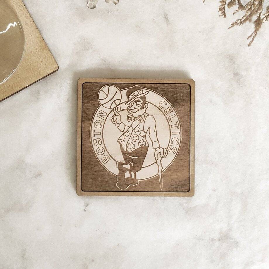 Handmade Boston Celtics NBA wooden coasters - perfect housewarming gift for basketball fans