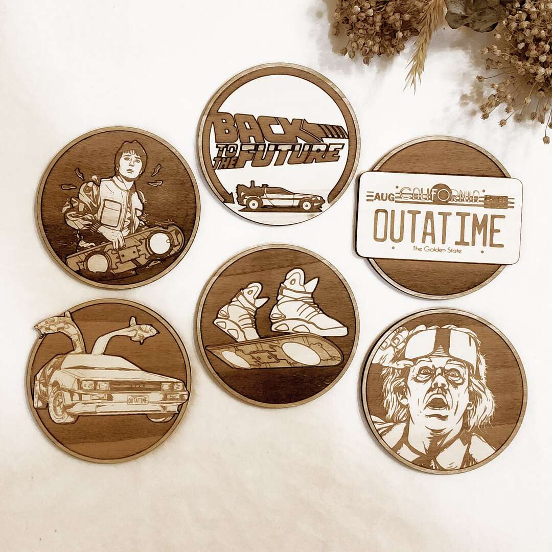 Set of 6 Back to The Future Wooden Coasters - Handmade poplar wood coasters with laser-etched designs