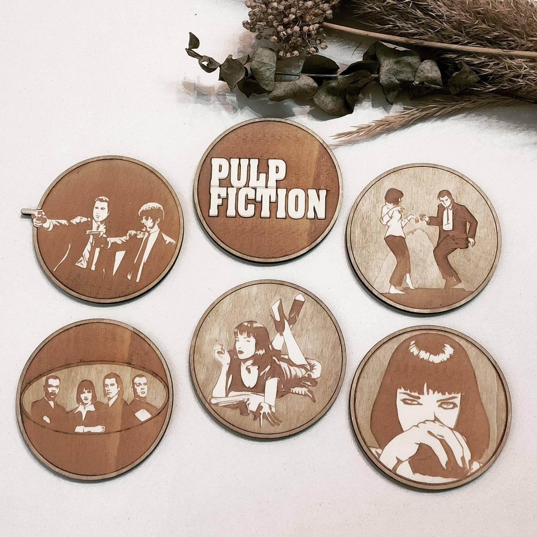 Set of 6 Pulp Fiction Wooden Coasters - Handmade Gift - Housewarming - Wood Kitchenware-0