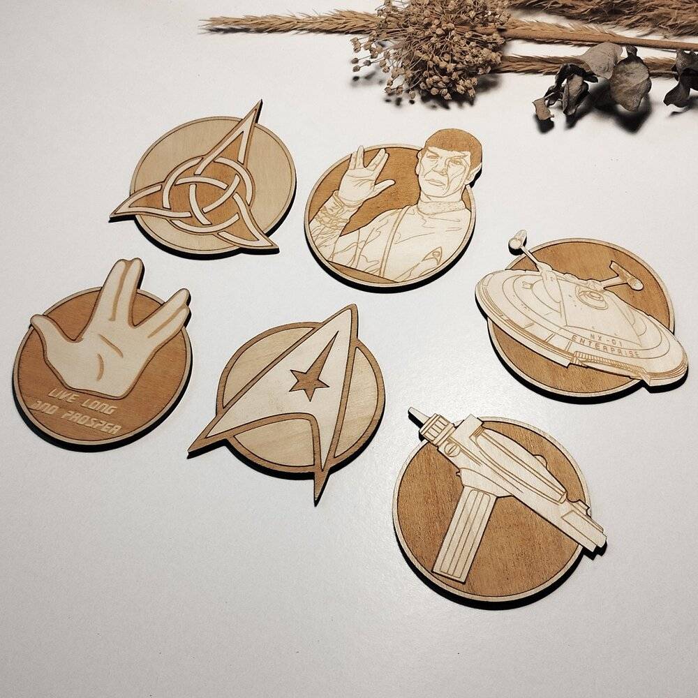 Star Trek themed wooden coasters set with intricate laser-etched designs