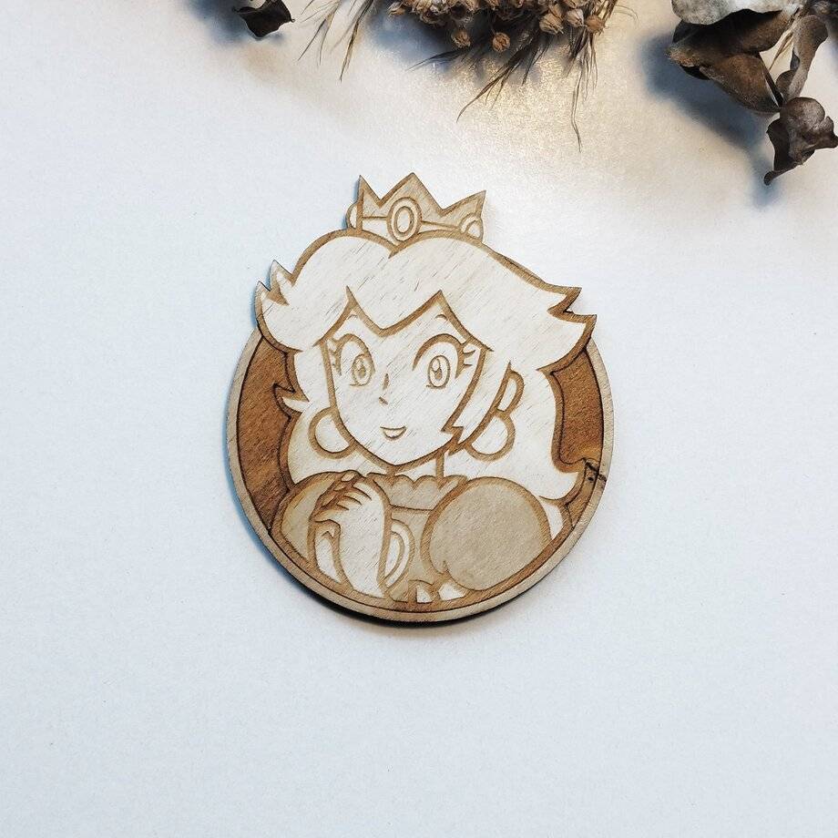 Handmade wooden coasters featuring Queen Peach design from Super Mario Bros