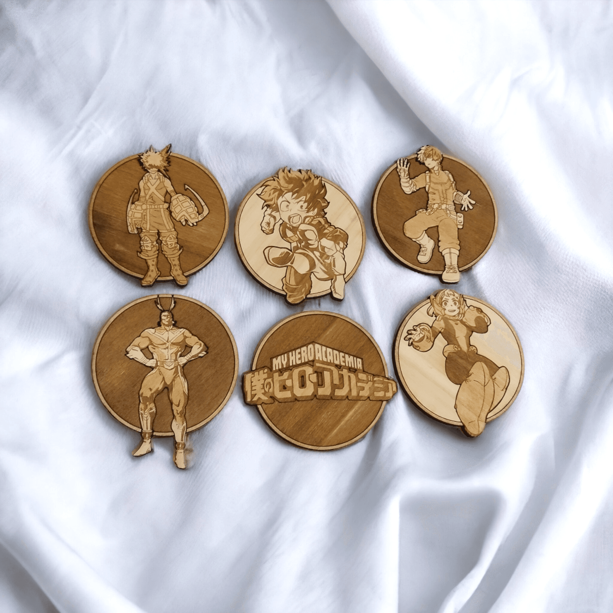 Set of 6 My Hero Academy Wooden Coasters - Handmade Gift - Housewarming - Wood Kitchenware-0