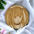 Empowering coaster featuring Misa Amane from Death Note, with stylish anime design.