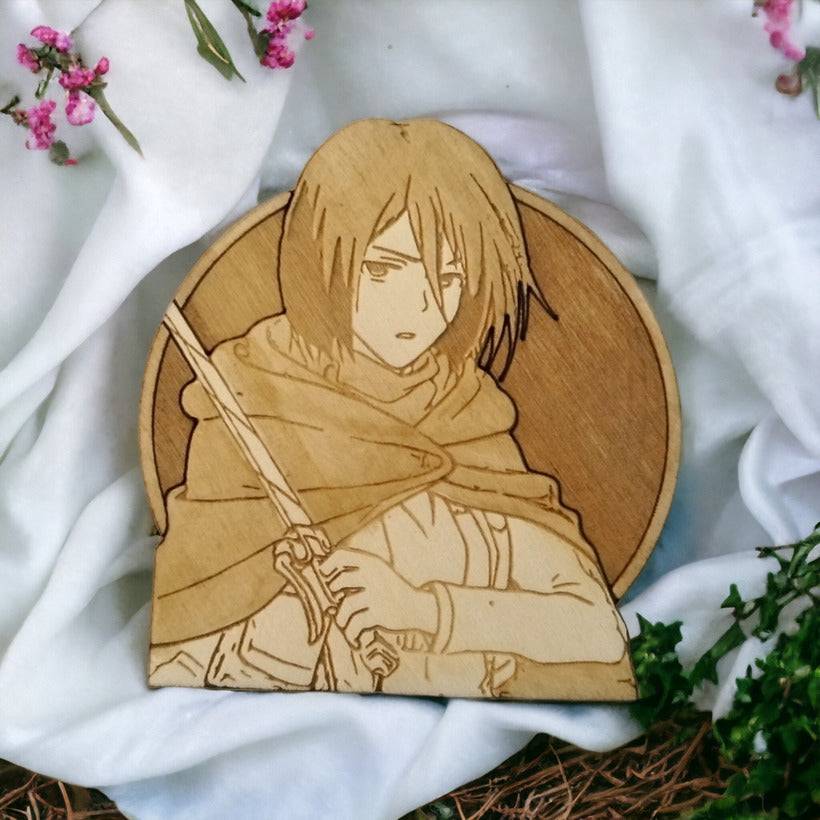 Handcrafted wooden coaster featuring Mikasa Ackerman from Attack on Titan.