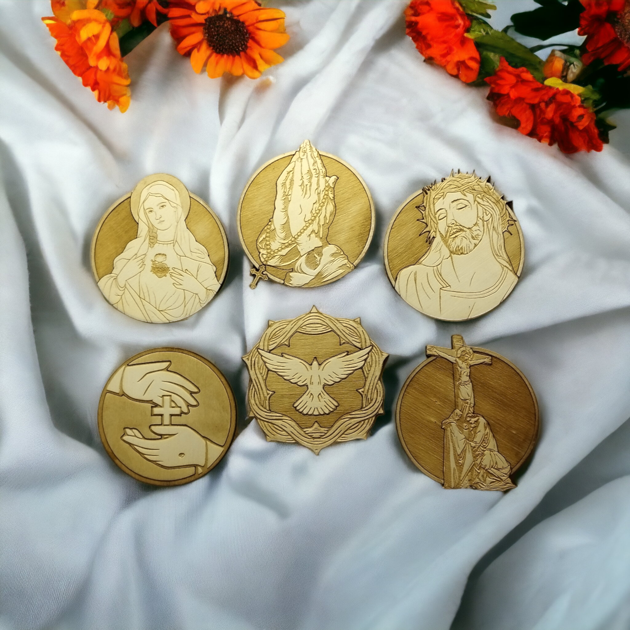 Set of 6 Religious Wooden Coasters - Handmade Gift - Wood Kitchenware --0