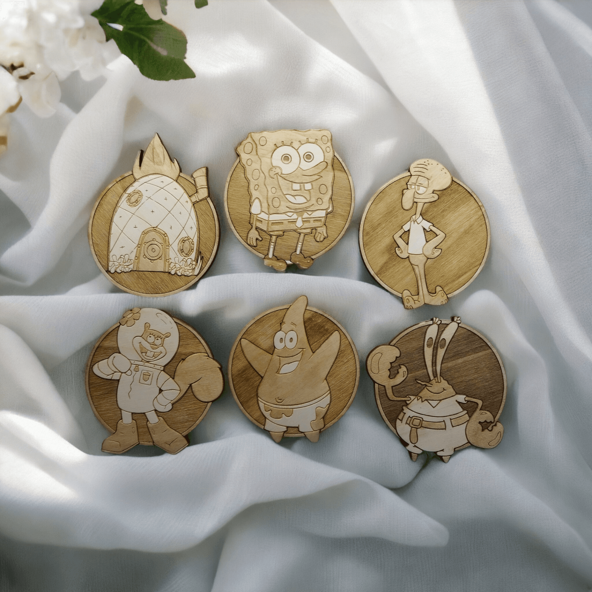 Set of 6 Sponge Bob Wooden Coasters - Handmade Gift - Wood Kitchenware --0