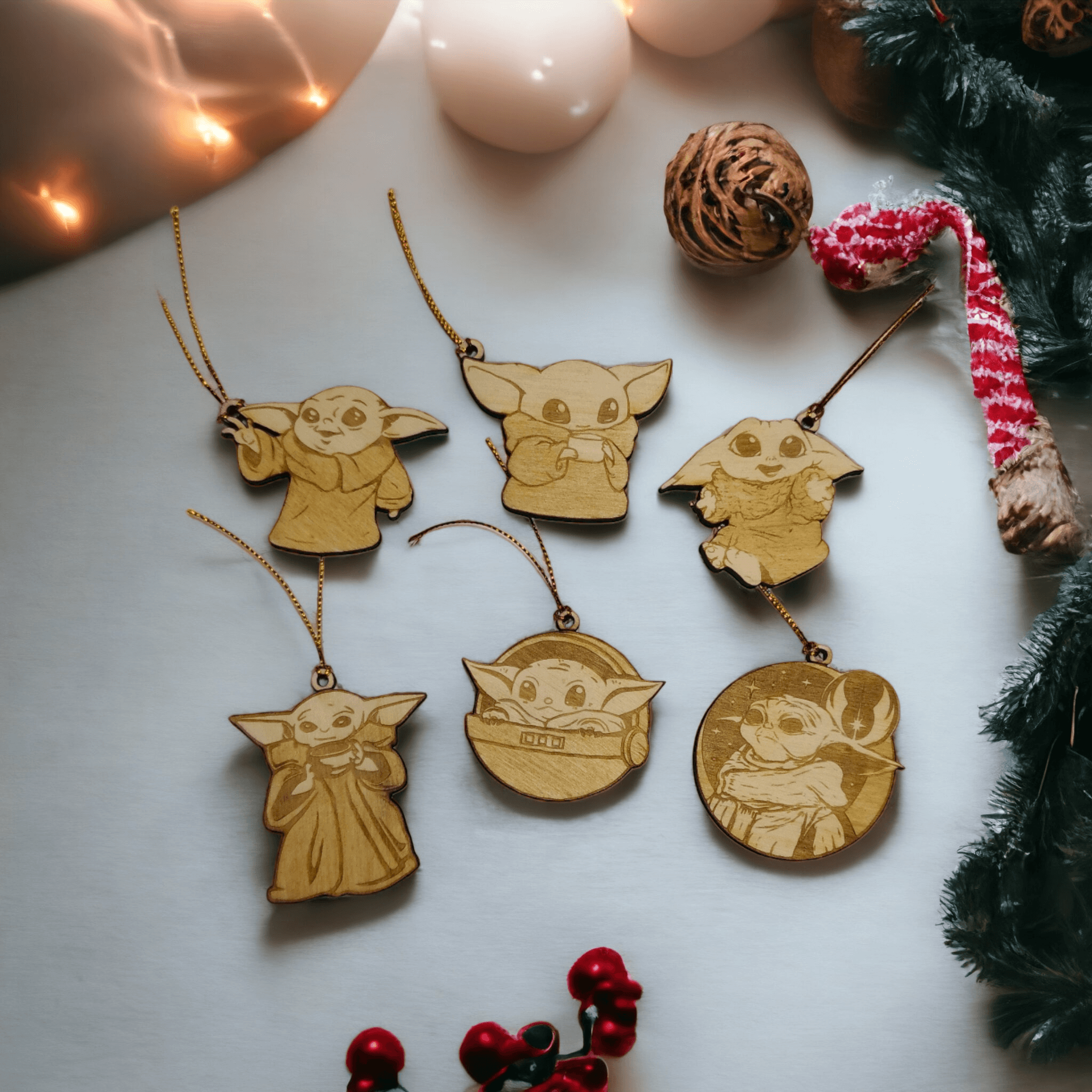 Set of 6 Baby Yoda Ornaments Wooden Coasters - Handmade Gift - Housewarming - Wood Kitchenware-0